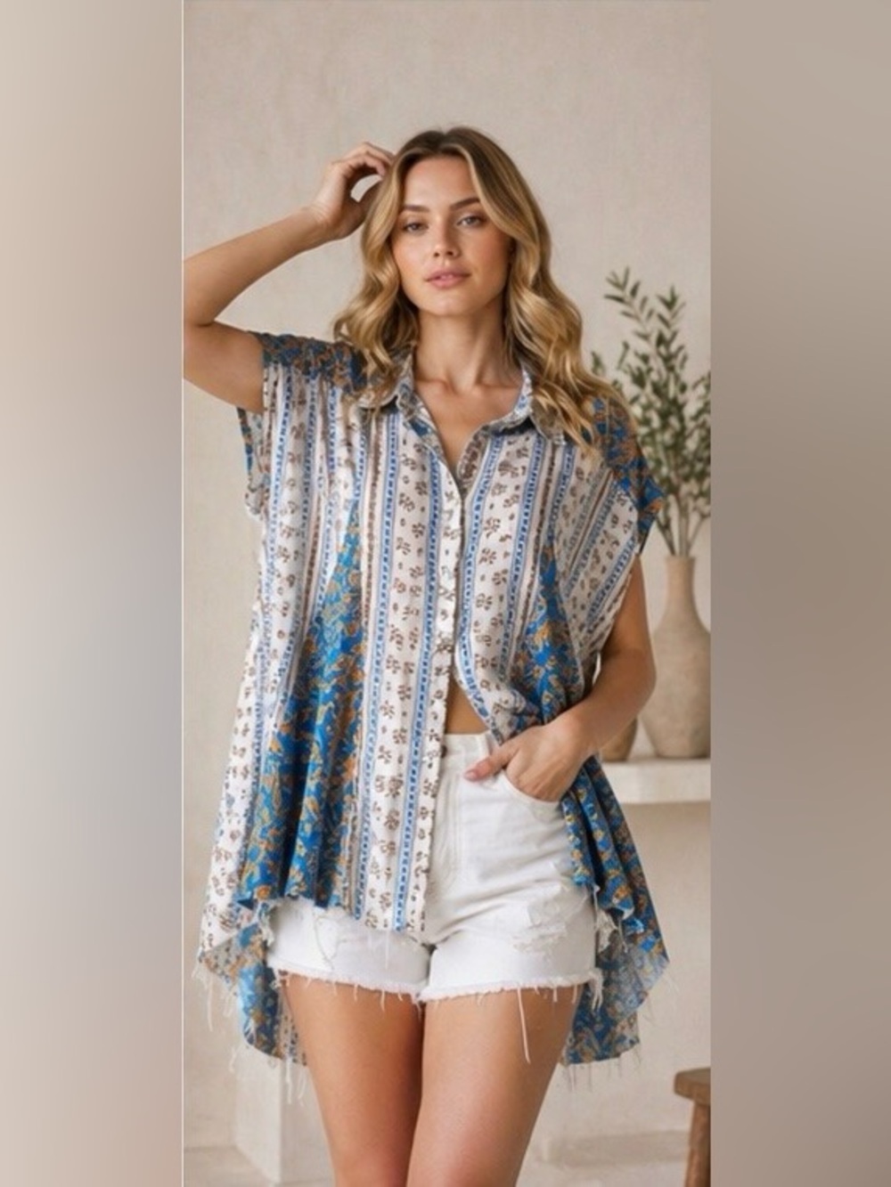 Oli & Hali Patchwork Godet Printed Button Front Flare Hem Oversized Top. Large
